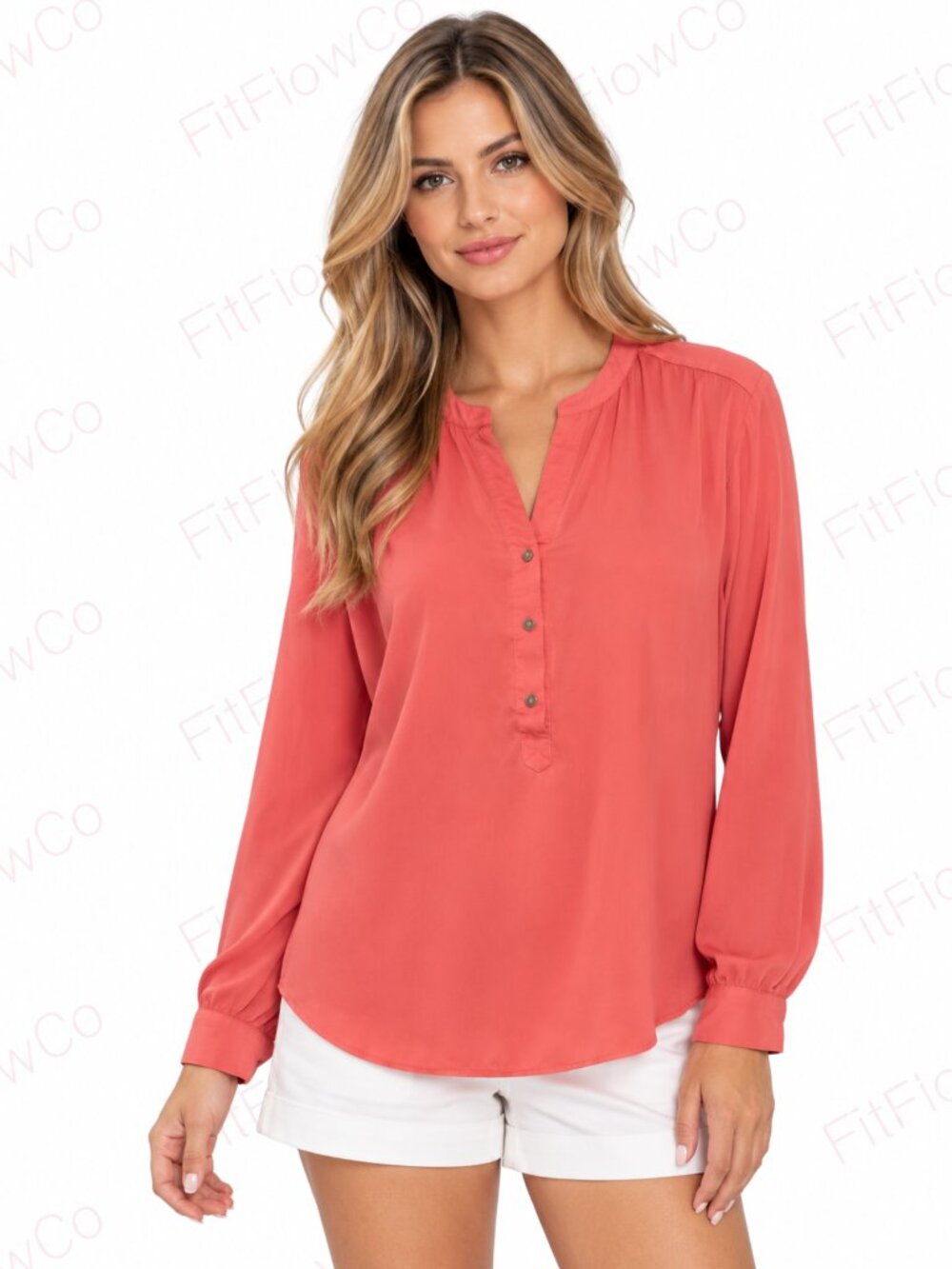 Adrianna Papell Coral Salmon Blouse Women M Roll Tab Sleeve Workwear Top